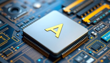 A microchip with a golden "A" symbol on a detailed circuit  board, showcasing tech components. 