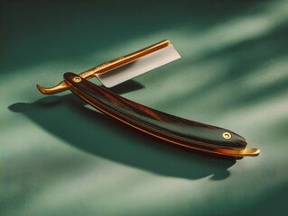 Experience luxury grooming with a rosewood handled straight razor placed on smooth forest green surface