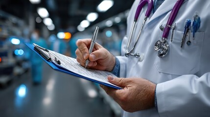 healthcare professional in a lab coat takes notes on a clipboard in a hospital. Medical staff are visible in the background, engaged in various activities within the bustling environment