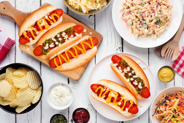 BBQ table scene with hot dogs, classic salads and snacks. Above view over a white wood background.