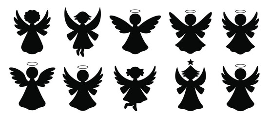 Twelve Black Silhouettes of Christmas Angels