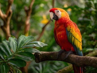 Obraz premium Bring Wild Colors with a Vibrant Parrot Perched on a Jungle Branch Against Lush Nature