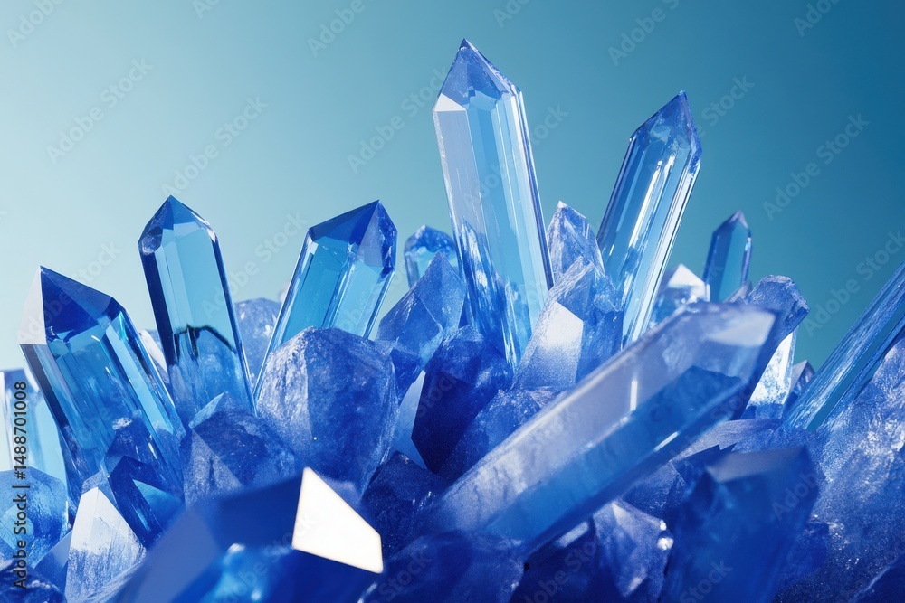 Poster blue crystal shards sparkling under soft light in a serene setting, a 3d rendering of blue crystal s