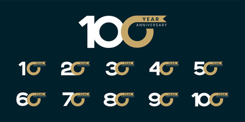 Set of vector logo designs for 10th to 100th anniversary with ribbon, in gold color for celebrations, weddings and birthdays
