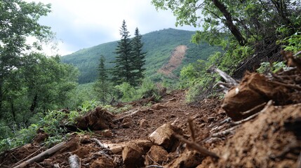 Fototapeta premium Serene Mountain Landscape with Trees and Rocks
