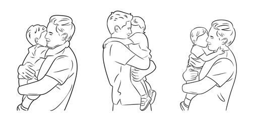 Three Line Drawings of Fathers Hugging Their Sons