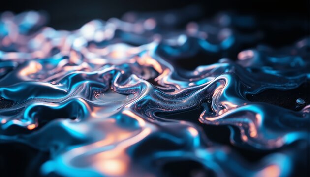 Flowing Nanoliquid Forms on Black Surface, Shimmering Colors, Molecular Structure, Ethereal Pattern