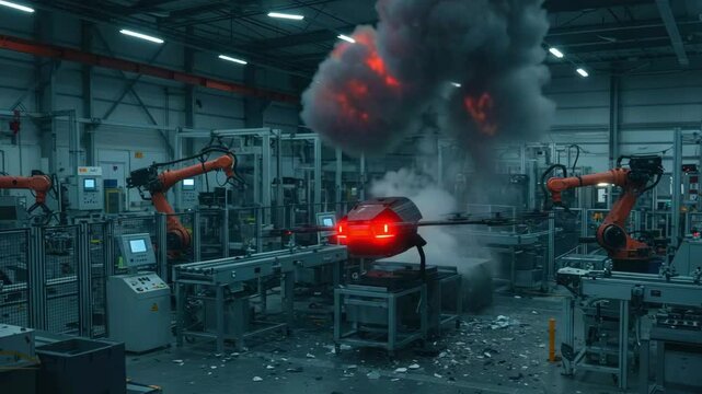 Explosive Incident in High-Tech Factory with Robotic Arms and Industrial Machinery in Action