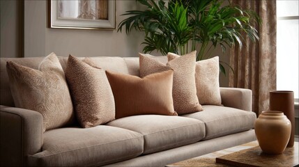 Beige sofa with accent pillows in a sophisticated living room
