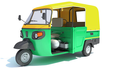 Auto Rickshaw Bajaj TukTuk 3D rendering on white background