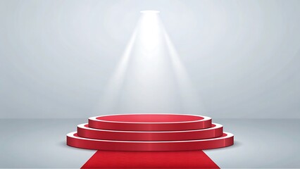 Red stage podium with red carpet under bright spotlight for event presentation or announcement concept