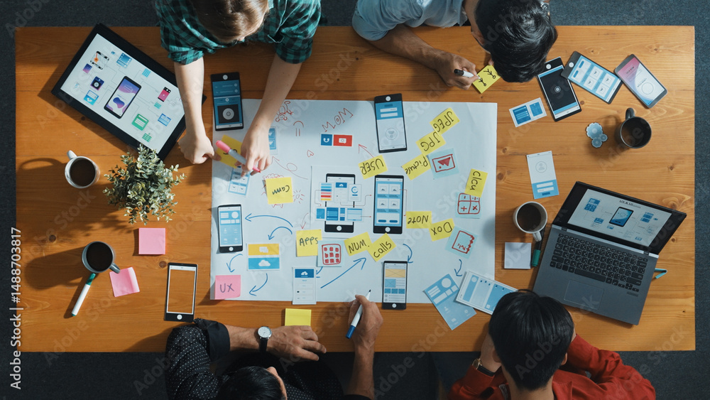 Poster top view of developer team sharing idea of ux ui design by using mind map. top down view of group of
