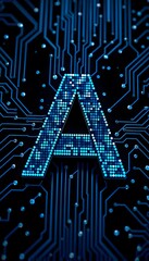 A glowing, pixel  styled letter "A" set against a circuit  board background. 