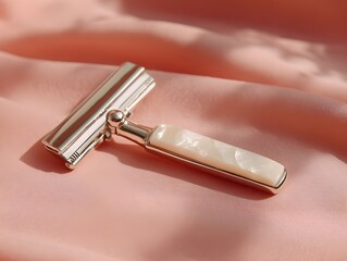 Ivory inlay barber razor rests on smooth coral pink surface showcasing artisanal grooming tool elegance