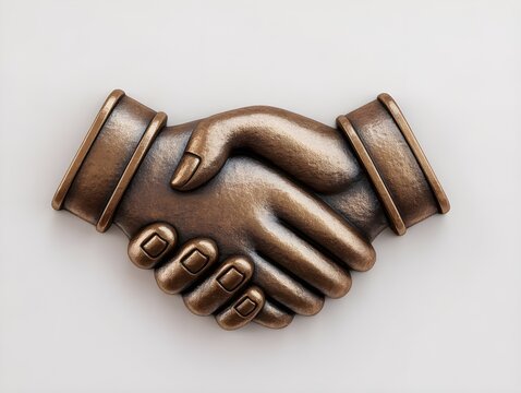 Bronze skeuomorphic handshake icon on corporate background conveys trust and modern branding for online businesses