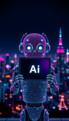 A neon  lit robot wearing headphones holds a tablet with AI against a vibrant cityscape. 