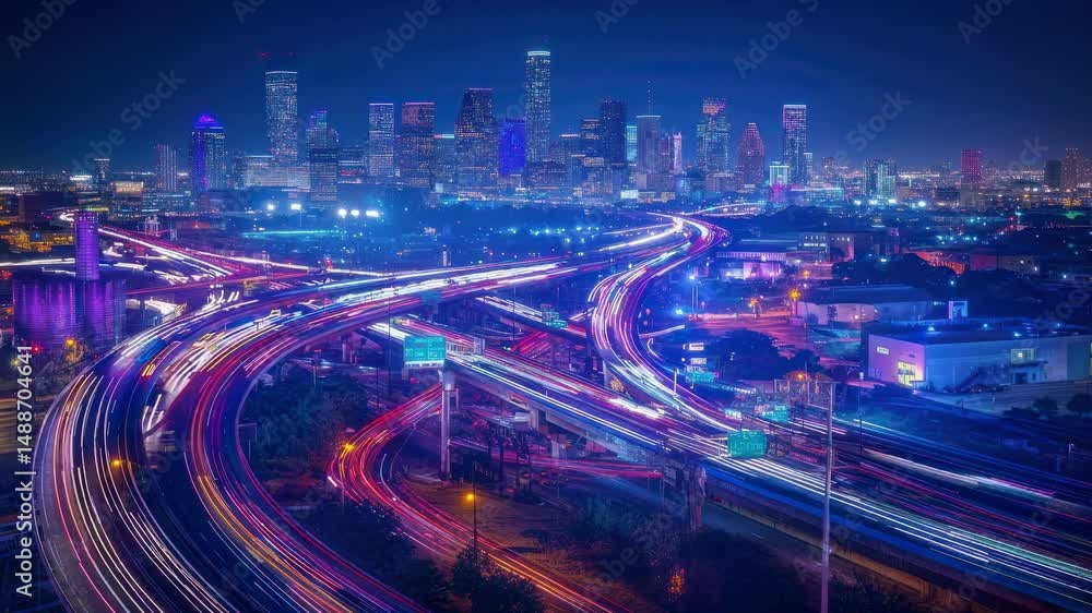 Poster aerial view of a cityscape at night with vibrant light trails on highways, creating a dynamic, futur