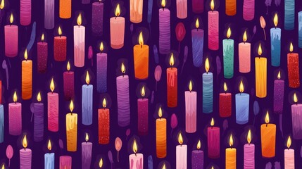 Colorful candles in various shades, arranged in a seamless pattern on a dark purple background.  Flickering flames add a warm ambiance.  Small floral elements enhance the design