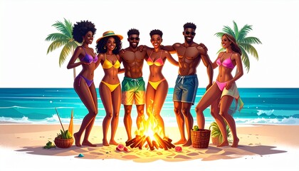 Group of friends enjoying a beach bonfire during a sunny day with palm trees and waves in the background