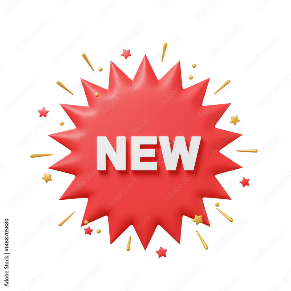 Poster 3d red starburst badge with white new text and decorative stars and sparkles isolated on transparent