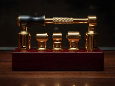 Maximize precision using the polished gold torque wrench and adapters showcased on a dark background