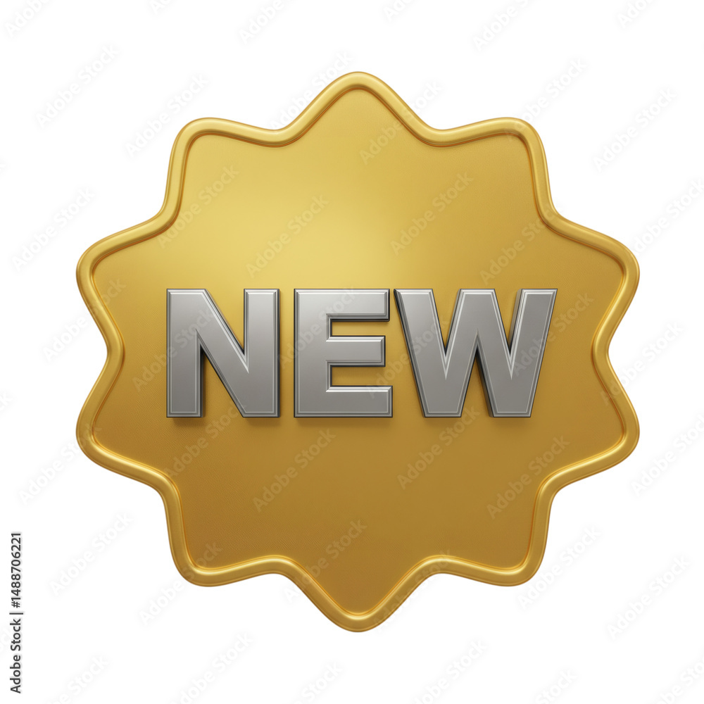 Poster 3d gold badge with metallic silver new text in modern style isolated on transparent background