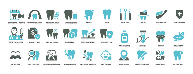 Dental Icons Set – Tooth, Dentist, Toothbrush, Implant and Oral Care Symbols – Solid Vector Collection