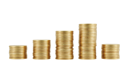 Five stacks of golden coins ascending in height representing financial growth and investment isolated on transparent background