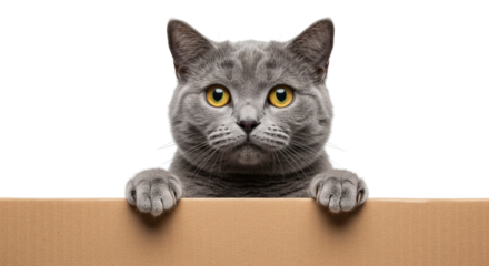 Gray cat with yellow eyes peering over a tan cardboard box with paws resting on the edge isolated on transparent background