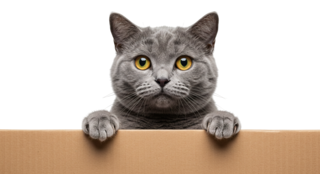 Gray cat with yellow eyes peering over a tan cardboard box with paws resting on the edge isolated on transparent background