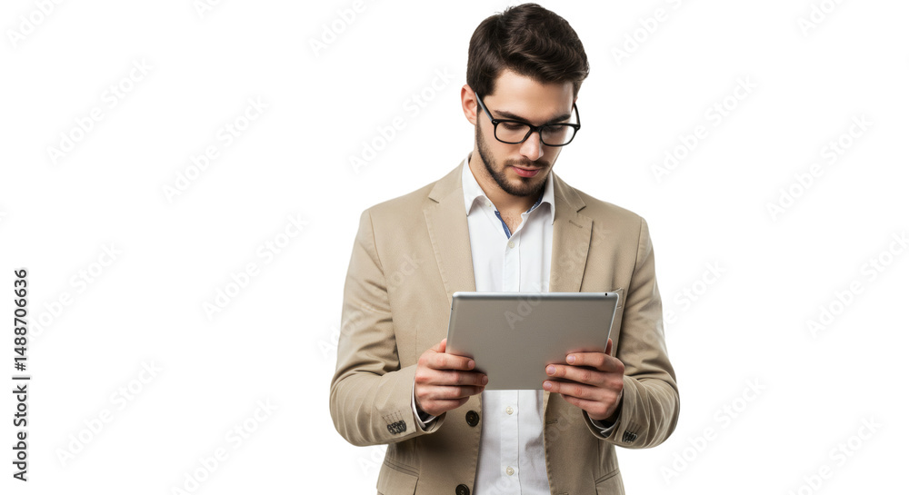 Poster man in blazer and glasses using a tablet, looking down at the screen with a focused expression shown