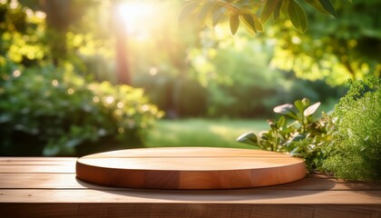 A wooden round table set in a vibrant, green garden under soft sunlight, creating a peaceful and natural outdoor atmosphere perfect for relaxation.