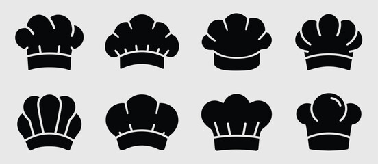 Eight Black Chef Hat Icons Set for Culinary Design