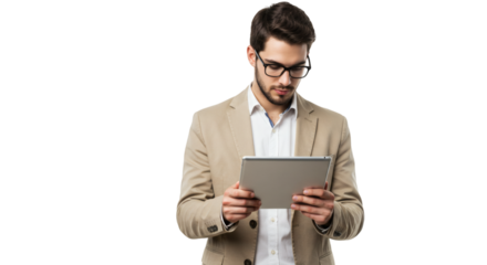 Man in blazer and glasses using a tablet, looking down at the screen with a focused expression shown isolated on transparent background