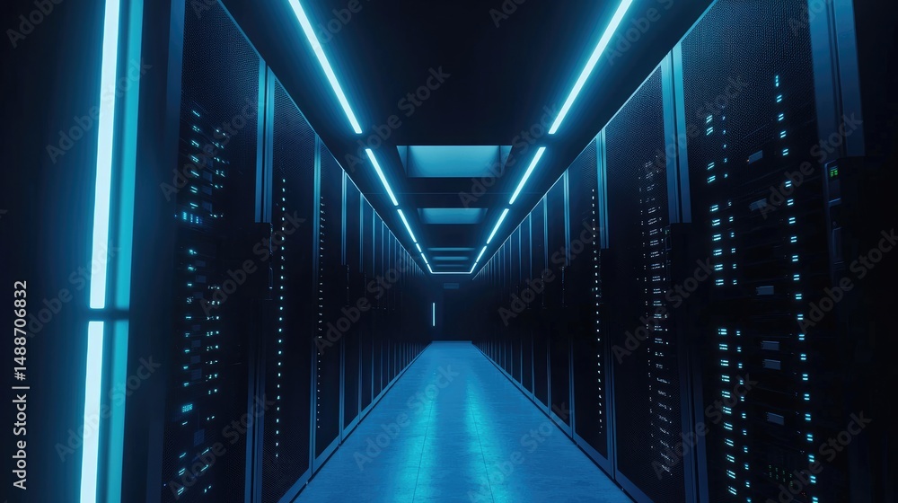 Poster Futuristic data center with rows of glowing server racks under blue neon lighting in a symmetrical hallway. Ideal for cloud computing, cybersecurity, and IT infrastructure themes