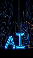 Obraz premium Neon lit AI letters in front of a digital, circuit like cityscape with server buildings. 