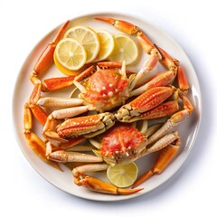 Delicious Snow Crab Legs and Bodies Garnished with Fresh Lemon Slices