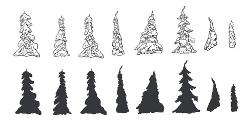 Snowy pine trees silhouette hand drawn black and white vector set illustration. Forest clipart of fir, spruce in monochrome for Christmas card, landscape design. Winter woodland trees ink line sketch.