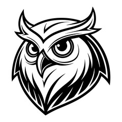 Obraz premium A striking, highly detailed, monochrome illustration of an owl's head, capturing its intense gaze and majestic presence, perfect for designs seeking a bold and symbolic look.