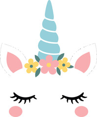 Cute Whimsical Unicorn Face with Floral Crown in Pastel Colors

