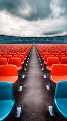 Obraz premium Empty stadium seating rows orange and blue under cloudy sky for sports event photography background