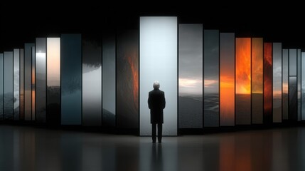 Obraz premium Man observing a series of vivid landscape displays in a modern gallery at dusk
