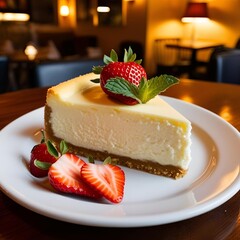 Classic cheesecake with mint and strawberry served on a plate