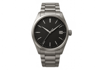 Stylish silver wristwatch featuring a sleek black dial, elegantly displaying time against a clean, transparent background