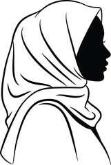 a portrait of a woman wearing a headscarf, black and white silhouette, high contrast, minimalist, clean lines, digital art