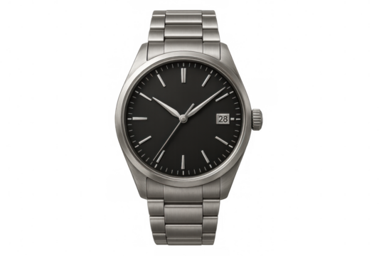 Stylish silver wristwatch featuring a sleek black dial, elegantly displaying time against a clean, transparent background