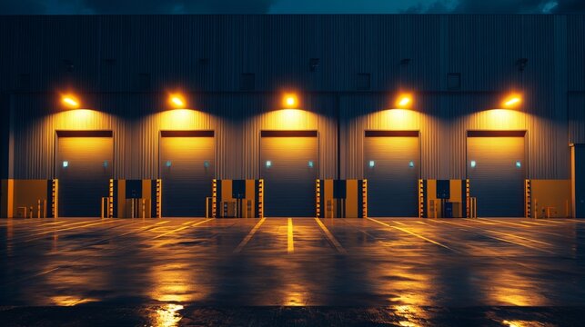 A modern warehouse is shown with a small office unit on the outside