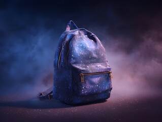 Midnight blue galaxy print backpack rests on star-filled field offering cosmic adventure with stylish cosmic design