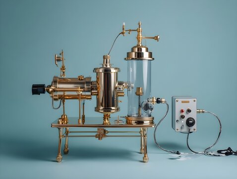 Satin brass filtration vacuum on frosted ice surface combines industrial aesthetics with efficient cleaning innovation