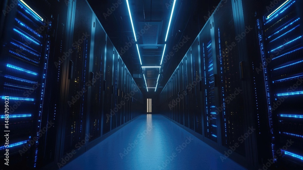Poster Advanced data center corridor with illuminated server racks under vibrant blue lighting and reflective floor. Ideal for cloud technology, IT infrastructure, and cybersecurity concepts